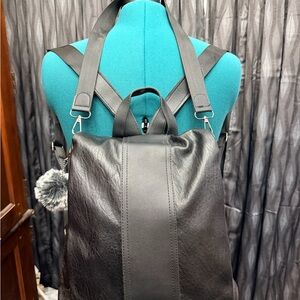 Black Faux Leather Convertible Backpack / Shoulder Bag